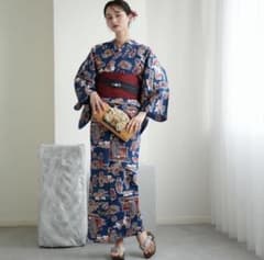 新品未使用タグ付レトロ浴衣単品ダイヤベージュにブロカント国内染色ニコアンティーク 5010283011.jpg