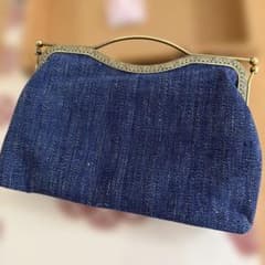 ハンドバック　和洋 伝統手織り生地 ハンドメイド がま口バッグ ブルー 一点もののサムネイル