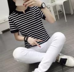 2点セット　レディース　トップス　Tシャツ　カットソー　ボーダー　半袖　韓国のサムネイル