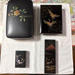 [호화 4점 세트] 고급 책 칠 도와 일본식 모던 검은 색 일본화 잡화 정리 판매 (후지산·학·문 상자)