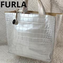 良品✨フルラ ハンドバッグ クロコ型押し レザー ホワイトシルバー 