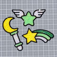 うちわデコ デコパーツ 流れ星 羽 月 ステッキ 黄緑 グリーン 黄色 3点のサムネイル