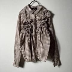 トリココムデギャルソン 立体フリルシャツ チェック バラ 花 丸襟 コットン綿 トリココムデギャルソン 立体フリルシャツ チェック バラ 花 丸襟