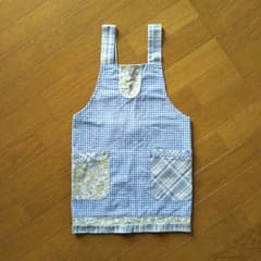 子供用エプロン♥女の子♥110サイズ♥青チェック×花柄のサムネイル