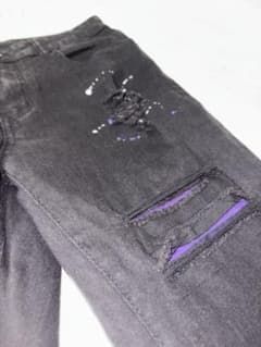 ブラック スキニーデニム ペイント パープル ダメージ加工 サイズ Mのサムネイル