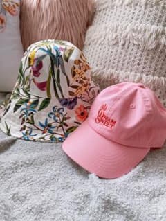 봄 여름 모자 2 점 세트 버킷 모자 바케하 모자 꽃 패턴 보타니컬 패턴 핑크