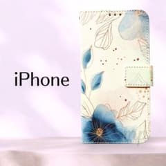 iPhone16e/17e 케이스 수첩형 세련된 꽃무늬 상쾌 블루