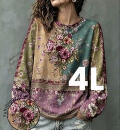 4L 大きいサイズ 華やか 絵画風 プリント 長袖 カットソーのサムネイル