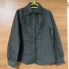 長袖ストライプシャツ 黒と緑のサムネイル