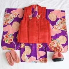 七五三 3歳 子供 女の子 アンティーク 紫 正絹 着物 被布 セット