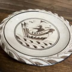 小皿 【m1704 帆船 南蛮船 鉄絵 鉄釉 瀬戸？ 豆皿 レトロ 骨董