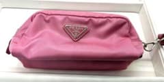 美品　プラダ トライアングルロゴ ポーチ ピンク ナイロン PRADA 中古