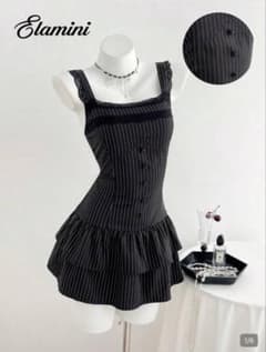 SHEIN ストライプ レーストリム ミニワンピース ブラックのサムネイル