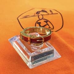 美品 HERMES スカーフリング ベルトモチーフ ゴールド×レザーレッド 
