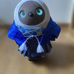ラボット　服　lovot 黒　羽織　袴　インナー水色　富士山 ラボット 服 lovot 青紗綾形羽織 黒袴ストライプ 水色インナーセット