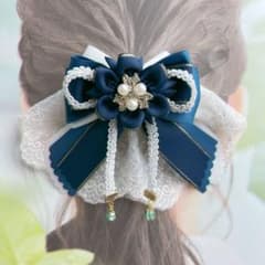 再販⭐︎ お花リボンバレッタ　ヨゾラネイビー　純心ホワイト　レースバレッタのサムネイル