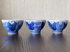 希少骨董品 青木木米 (聾米造) 染付青華 賢人図 煎茶器 湯呑三つ 