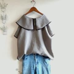 ハンドメイド☆[L]フレンチリネン丸襟ブラウス 前後着用可能 