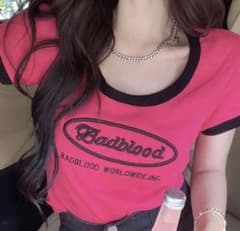 badbloodロゴ刺繍ピチTシャツ♡クロップドT配色ピンクY2Kギャルのサムネイル