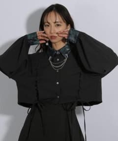 美品】HARE キリカエジャガードレースアップシャツ グリーン ブラウス 