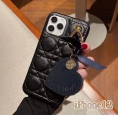 ハートチャーム付き iPhoneケース レザー キルティング 韓国 ブラックのサムネイル