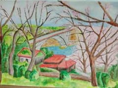 風景画 水彩画 橋と桜の情景 アートのサムネイル