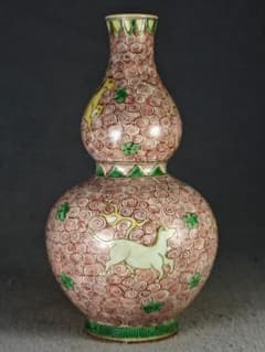 清時代 康熙年製 五彩海马纹 葫芦瓶 瓢箪形 花瓶 陶磁器 時代物 骨董品