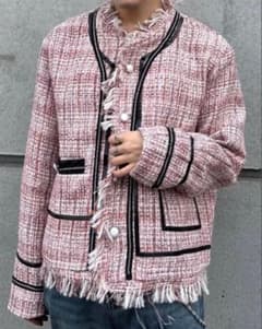 ALUDE ピンク フリンジ ノーカラー ツイード ジャケット M 韓国 ALUDE ピンク フリンジ ノーカラー ツイード ジャケット M 韓国 - メルカリ