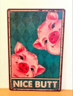 再入荷】 ブリキ看板 アート キュート カフェ風 ブタちゃん 大人可愛い