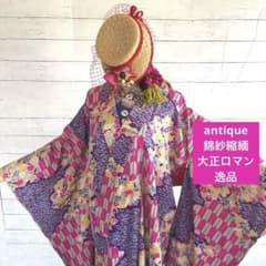 ご予約中です。アンティーク着物 大正浪漫 正絹錦紗縮緬 伸びやかに葉模様 6339◇【逸品】アンティーク着物 錦紗縮緬マゼンタ矢羽根 四季草花