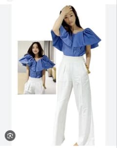 styling/ フリルオフショルダー青トップスのサムネイル
