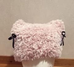 ハンドメイド 猫耳ファーニット帽 ピンク×黒リボンのサムネイル
