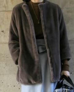 whim Gazette ノーカラーエコファーミドルコート ブラウン - メルカリ