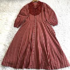 PINK HOUSE 赤チェック 花柄 ピンタック ピコフリル ロングワンピース