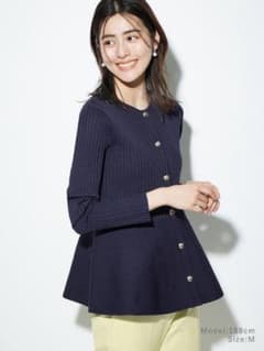 ネイビー リブ編み 長袖 ペプラムトップス Sのサムネイル