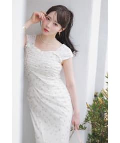 Lillian Carat Little Flower Tulle Narrow Dress, Size S, Ivory