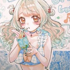 ♡一点物♡ 水着の女の子 手描きイラスト クリームソーダ 中色紙 原画