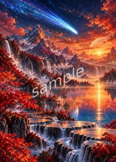 蒼い彗星と紅葉天空湖のデジタルアート ポスター 壁紙 インテリア No.0133のサムネイル