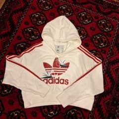 美品 adidas 刺繍クロップドパーカー XL ホワイト テベ•マググのサムネイル