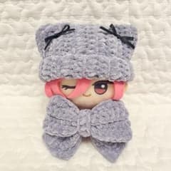 ちびぐるみ ぬい服 猫耳ニット帽 リボンセット ラメパープル 編み物