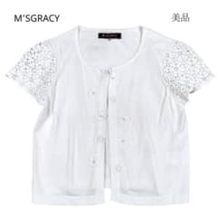 美品✦エムズグレイシー　半袖カーディガン　ボレロ　鍵編レース　花　パール調　白
