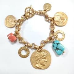 ○5749#0513ウノアエレ コイン ターコイズ コーラル ブレスレット1AR 
