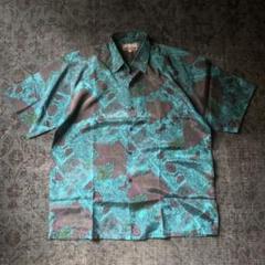 希少 総柄シャツ レトロ vintage 光沢 青 一点物 デザイン 傑作 古着