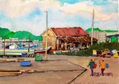 港の風景 水彩画 額装済み 水彩画 港の風景 額装済み 水彩画 港の風景 額装済み