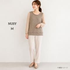 NUSY 니트 전환 시폰 소매 탑스 M 베이지 케이블 뜨개질