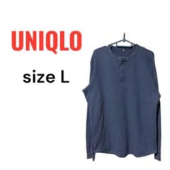 UNIQLO ワッフルヘンリーネックTシャツ ブルー Lのサムネイル
