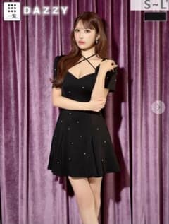 Dazzy ドレス 黒ストーンSEXYクロスネック半袖Aラインミニ丈キャバドレのサムネイル