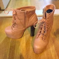 ショートブーツ 夢展望 編み上げ ブーツ ヒール パンプス 太ヒールのサムネイル