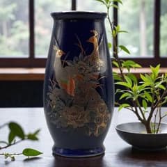 濃紺 陶器 花瓶 孔雀デザイン 広州裏書 高さ約19センチ 直径約7.5