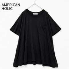 American Holic Flared Hem Short-Sleeve T-Shirt with Pocket, Size M, Black, Oversized